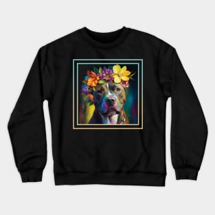 Sweet American Staffordshire Pit Bull Vibrant Flower Digital Oil Painting Portrait Crewneck Sweatshirt